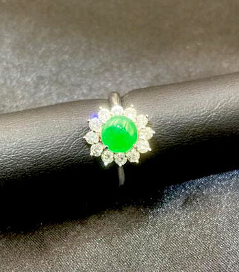 Natural Full - Green Jadeite Cabochon Ring Set with Platinum and Diamonds