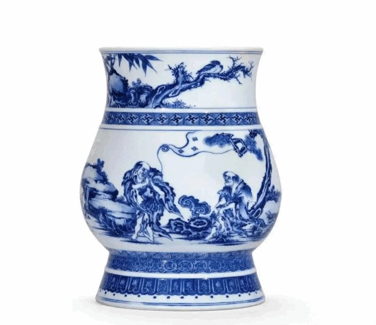 Close-up of 1720s Yongzheng blue-and-white zun with Four Immortals motif and swastika border