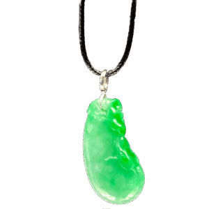 A stunning close-up of the Natural Jadeite Melon Pendant, showcasing its vibrant green hue and intricate vine-and-leaf carvings. The 18K white gold clasp adds a luxurious contrast, resting elegantly on a black woven rope (chain sold separately).