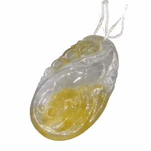 A stunning close-up of the Natural Jadeite Dragon Spitting Pearl Pendant, showcasing its intricate dragon carving and lustrous 18K gold clasp. The jadeite's warm tones and translucent details highlight its premium craftsmanship.