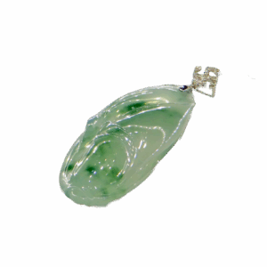 A stunning close-up of the Natural Jadeite Bud Pendant, showcasing its translucent green jadeite petals and sparkling diamond-adorned 18K white gold clasp. The intricate floral hollow-out design adds a touch of sophistication.