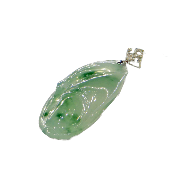 A stunning close-up of the Natural Jadeite Bud Pendant, showcasing its translucent green jadeite petals and sparkling diamond-adorned 18K white gold clasp. The intricate floral hollow-out design adds a touch of sophistication.
