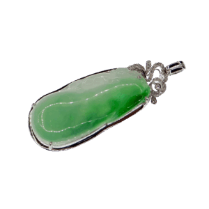 A stunning ice-green natural emerald pendant carved into a melon shape, symbolizing good fortune. The 18K gold clasp is delicately inlaid with diamonds, enhancing its luxurious appeal.