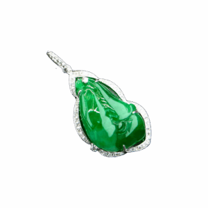 A stunning close-up of the Natural Emerald Orchid Pendant, showcasing its vivid green emerald carved into an orchid, surrounded by sparkling diamonds set in 18K white gold.
