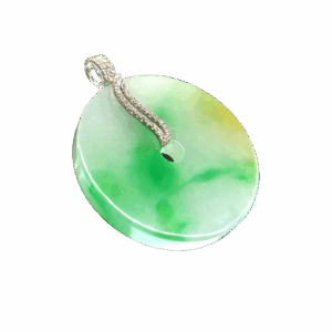 A stunning Natural Jade Peace Pendant featuring a smooth, translucent jade center with a warm green hue, elegantly framed by an 18K white gold clasp adorned with pavé-set diamonds.