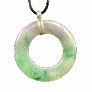 A stunning round "Spring with Color" jadeite pendant (53x5 mm) showcasing a harmonious blend of light purple and green hues, set in 18K white gold with a sparkling diamond clasp. The fine, translucent texture and smooth polish highlight its natural beauty.