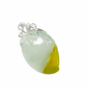 A stunning close-up of the Natural Ice-type Yellow Jadeite Peach Pendant, showcasing its translucent ice-like texture, warm yellow hues, and intricate 18K white gold and diamond clasp.