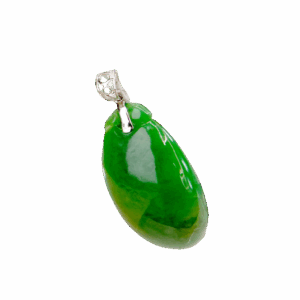 A stunning close-up of a full-green jadeite melon-shaped pendant with intricate carving, paired with a polished 18K white gold clasp, resting on a velvet background.