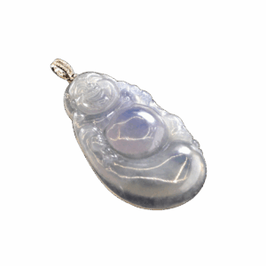 A stunning Natural Ice-type Violet Jadeite Laughing Buddha Pendant, featuring a meticulously carved laughing Buddha with a kind expression and smooth, natural lines. The 18K gold and diamond clasp adds a touch of luxury, making it a perfect blend of traditional craftsmanship and modern elegance.