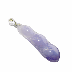 A stunning close-up of the translucent violet jade bean pendant, intricately carved and paired with a sparkling 18K white gold diamond clasp, resting on a velvet background.