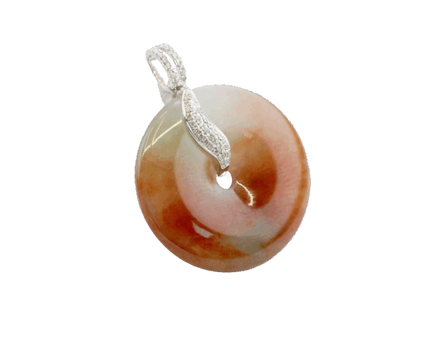 A stunning close-up of the Natural Ice-type Red Jadeite Retro Pendant, showcasing its rich red hue transitioning to a clear base, set in elegant 18K white gold with sparkling diamonds.