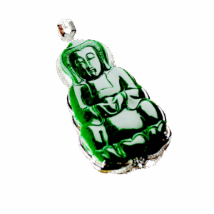 A stunning close-up of the Natural Full-Green Jadeite Avalokitesvara Pendant, showcasing its deep green hue, intricate carvings, and sparkling diamond accents set in 18K white gold. The pendant rests elegantly on a velvet background, highlighting its luxurious craftsmanship.
