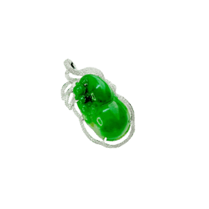 A stunning full-green jadeite gourd pendant intricately carved and set with sparkling 18K white gold and diamonds, showcasing traditional Eastern charm and contemporary craftsmanship.