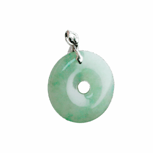 A stunning close-up of the Natural Ice Green Jade Peace Button Pendant, showcasing its ice-green hue and 18K white gold inlay. The pendant's smooth edges and intricate design highlight its craftsmanship and elegance.