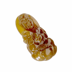 A beautifully carved Natural Yellow Jadeite Avalokitesvara Pendant featuring warm amber-like hues and intricate detailing, elegantly set with an 18K white gold and diamond clasp.