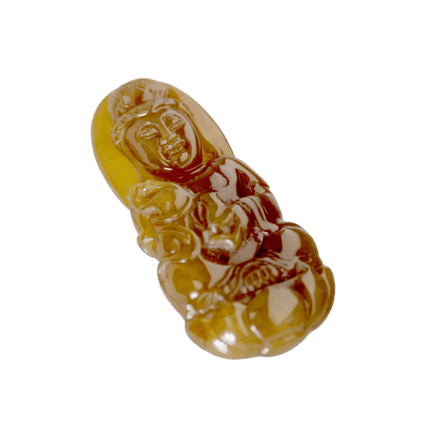 A beautifully carved Natural Yellow Jadeite Avalokitesvara Pendant featuring warm amber-like hues and intricate detailing, elegantly set with an 18K white gold and diamond clasp.