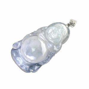 A stunning Natural Ice-type Jadeite Standing Buddha Pendant featuring translucent jadeite with a delicate glow, set in elegant 18K white gold and adorned with sparkling diamonds. The intricate carving showcases a serene Buddha with smooth, flowing details.