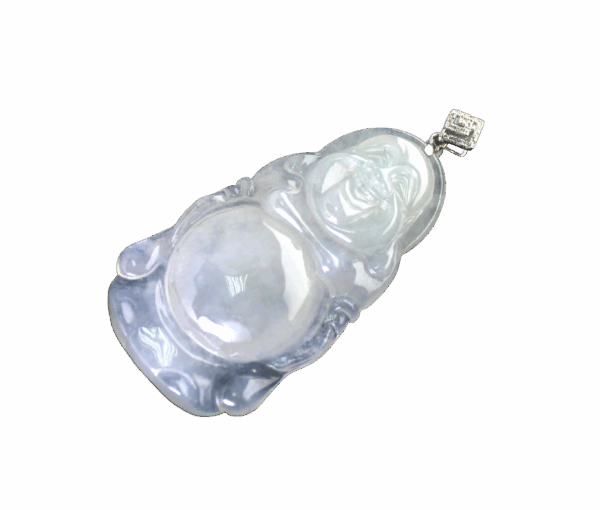 A stunning Natural Ice-type Jadeite Standing Buddha Pendant featuring translucent jadeite with a delicate glow, set in elegant 18K white gold and adorned with sparkling diamonds. The intricate carving showcases a serene Buddha with smooth, flowing details.