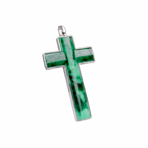 A stunning close-up of the Natural Flower Jade Cross Pendant in 18K white gold, showcasing its intricate green hues and natural dark veins, elegantly set in a polished white gold frame.