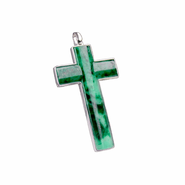 A stunning close-up of the Natural Flower Jade Cross Pendant in 18K white gold, showcasing its intricate green hues and natural dark veins, elegantly set in a polished white gold frame.