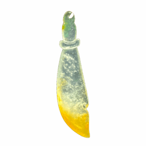 A stunning High-Ice Jadeite Dragon Knife Pendant with a smooth gradient from light green to golden yellow, showcasing intricate nine-pattern dragon carving and natural jadeite texture. The pendant is elegantly suspended by a traditional cord, highlighting its pure beauty.