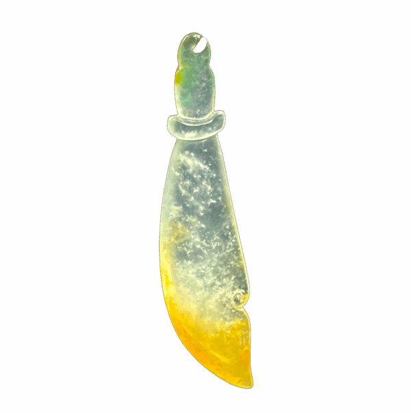 A stunning High-Ice Jadeite Dragon Knife Pendant with a smooth gradient from light green to golden yellow, showcasing intricate nine-pattern dragon carving and natural jadeite texture. The pendant is elegantly suspended by a traditional cord, highlighting its pure beauty.