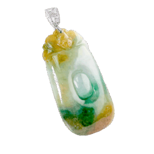 A stunning close-up of the Natural Jadeite "Fu, Lu, Shou" Pendant, showcasing its harmonious green, yellow, and white hues. The 18K white gold and diamond clasp adds a luxurious touch, making it a perfect fusion of tradition and modernity.