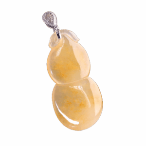 A stunning close-up of the Natural Ice-type Chicken-fat Yellow Jadeite Gourd Pendant, showcasing its translucent golden-yellow hue, intricate gourd carving, and sparkling 18K white gold clasp adorned with yellow and white diamonds.