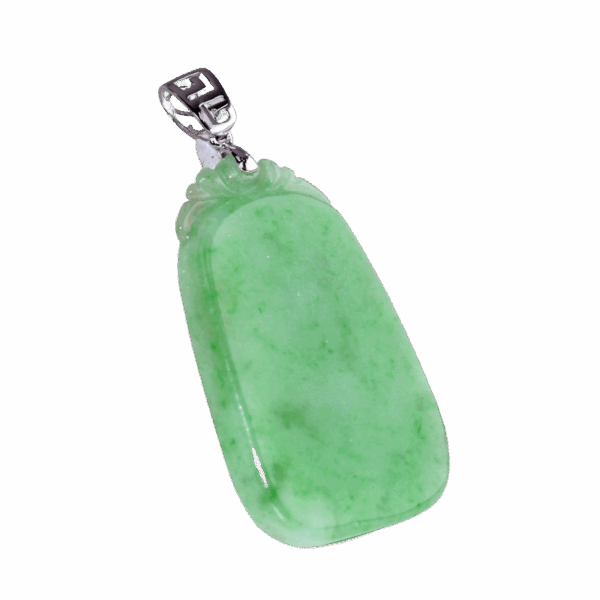 A close-up of the Natural Jadeite Ice Bean Plain Pendant, showcasing its fresh green hue, smooth polished surface, and intricate silver clasp against a neutral background.