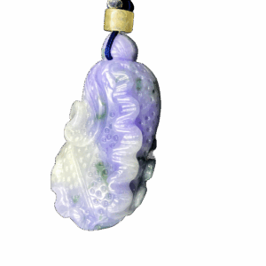 A finely carved violet jadeite pendant in the shape of a Chinese cabbage, showcasing soft purple tones with subtle green spots. The intricate leaf details and smooth polish highlight its natural beauty, elegantly suspended from a blue cord with a yellow bead accent.
