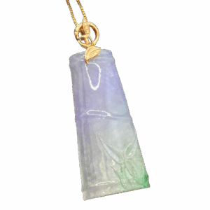 A stunning close-up of the Natural Ice-type Tricolor Jade Pendant, showcasing its intricate hand-carved bamboo joint design, vibrant purple-green-white jade gradients, and sparkling diamond accents set in warm 18K rose gold.