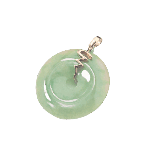 A stunning close-up of the Natural Emerald Peace Button Pendant, showcasing its vibrant yellow-and-green gradient emerald set in polished 18K yellow gold. The pendant's smooth, rounded design and delicate wavy embellishments highlight its elegance and craftsmanship.