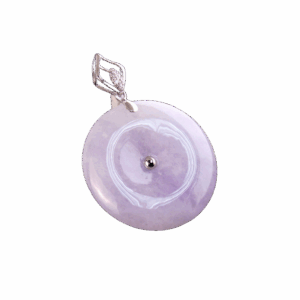 A stunning close-up of the Natural Ice-type Violet Jade Peace Buckle Pendant, showcasing its delicate light purple hue, intricate 18K white gold inlay, and sparkling diamonds, set against a luxurious backdrop.