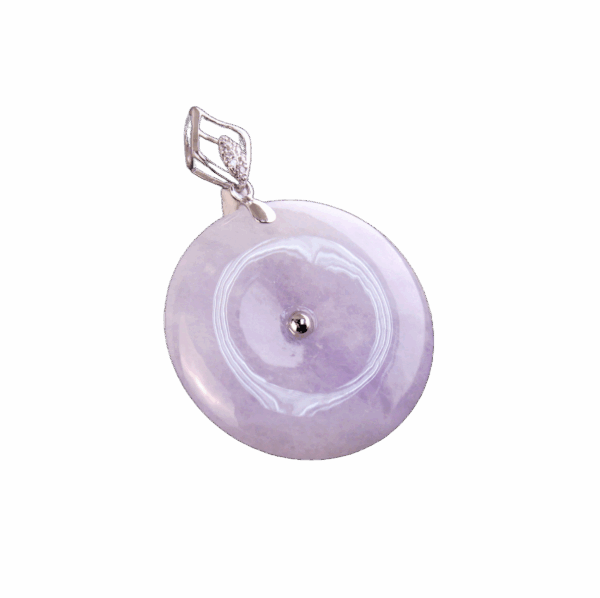 A stunning close-up of the Natural Ice-type Violet Jade Peace Buckle Pendant, showcasing its delicate light purple hue, intricate 18K white gold inlay, and sparkling diamonds, set against a luxurious backdrop.