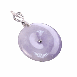 A stunning close-up of the Natural Ice-type Violet Jade Peace Button Pendant, showcasing its clear, ice-like texture and elegant violet hue. The 18K white gold setting and sparkling diamond accents highlight the pendant's intricate craftsmanship and timeless beauty.