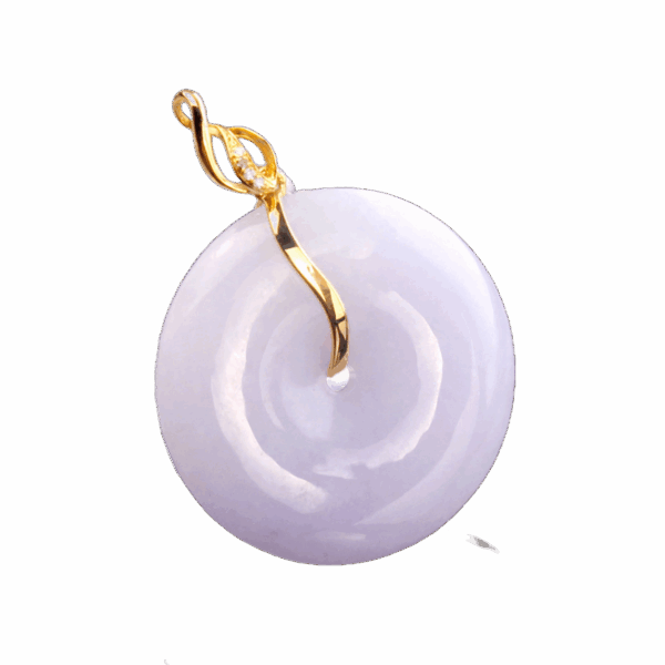 A stunning close-up of the Natural Ice-type Violet Jade Peace Pendant, showcasing its delicate violet hue, transparent ice base, and intricate 18K white gold and diamond inlay. The pendant rests elegantly on a silk background, highlighting its lustrous texture and harmonious design.
