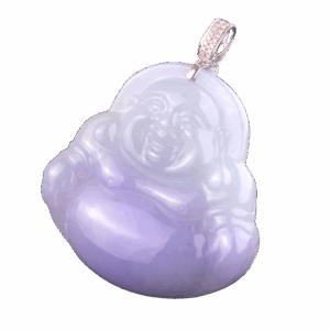 A stunning close-up of the Ice-Type Violet Jadeite Buddha Pendant, showcasing its translucent violet hue, intricate 18K white gold and diamond inlay, and serene sitting Buddha carving.