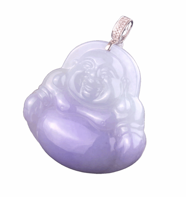 A stunning close-up of the Ice-Type Violet Jadeite Buddha Pendant, showcasing its translucent violet hue, intricate 18K white gold and diamond inlay, and serene sitting Buddha carving.