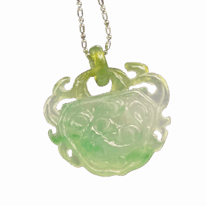 A stunning close-up of the Yellow and Green Jadeite Ruyi Pendant, showcasing its translucent icy jadeite with blended yellow and green tones. The intricate ruyi carving and polished metal chain highlight its elegance and craftsmanship.