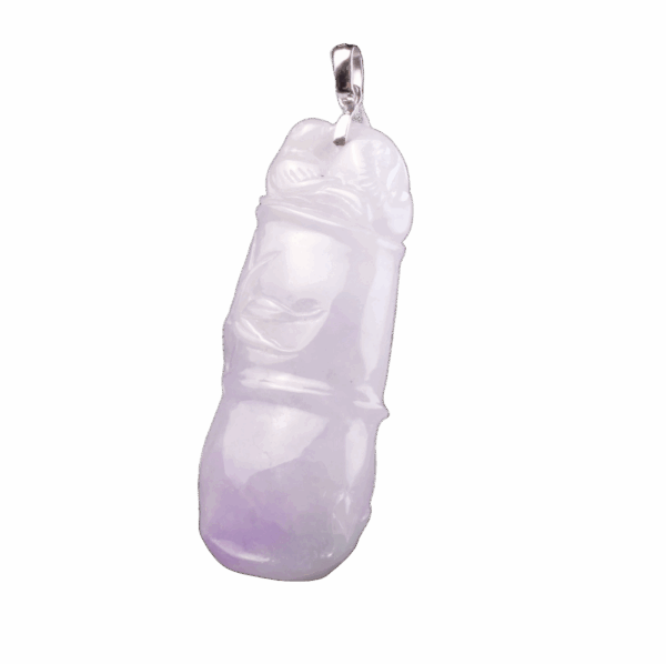 A stunning close-up of the Natural Ice-type Violet Jadeite Bamboo Knot Pendant, showcasing its smooth texture, delicate violet hue, and intricate 18K white gold setting. The bamboo knot design and carved leaves add a touch of traditional Eastern charm.