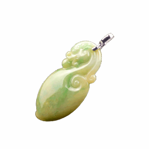A stunning close-up of the Natural Yellow-Green Jadeite Dragon Pendant, showcasing its smooth gradient of warm yellow and vibrant green hues, intricately carved antique dragon design, and lustrous 18K white gold clasp.