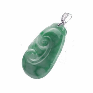 A stunning close-up of the Natural Flower Jade Ruyi Pendant, showcasing its vibrant green hue and intricate 18K white gold diamond clasp. The jade’s natural patterns and the diamonds’ sparkle are highlighted under soft lighting.