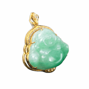 A stunning close-up of the Natural Ice-Green Jadeite Seated Buddha Pendant, showcasing its translucent jadeite, intricate hand-carved details, and sparkling diamond accents set in luxurious 18K yellow gold.