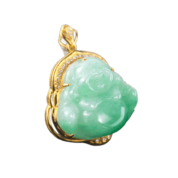 A stunning close-up of the Natural Ice-Green Jadeite Seated Buddha Pendant, showcasing its translucent jadeite, intricate hand-carved details, and sparkling diamond accents set in luxurious 18K yellow gold.