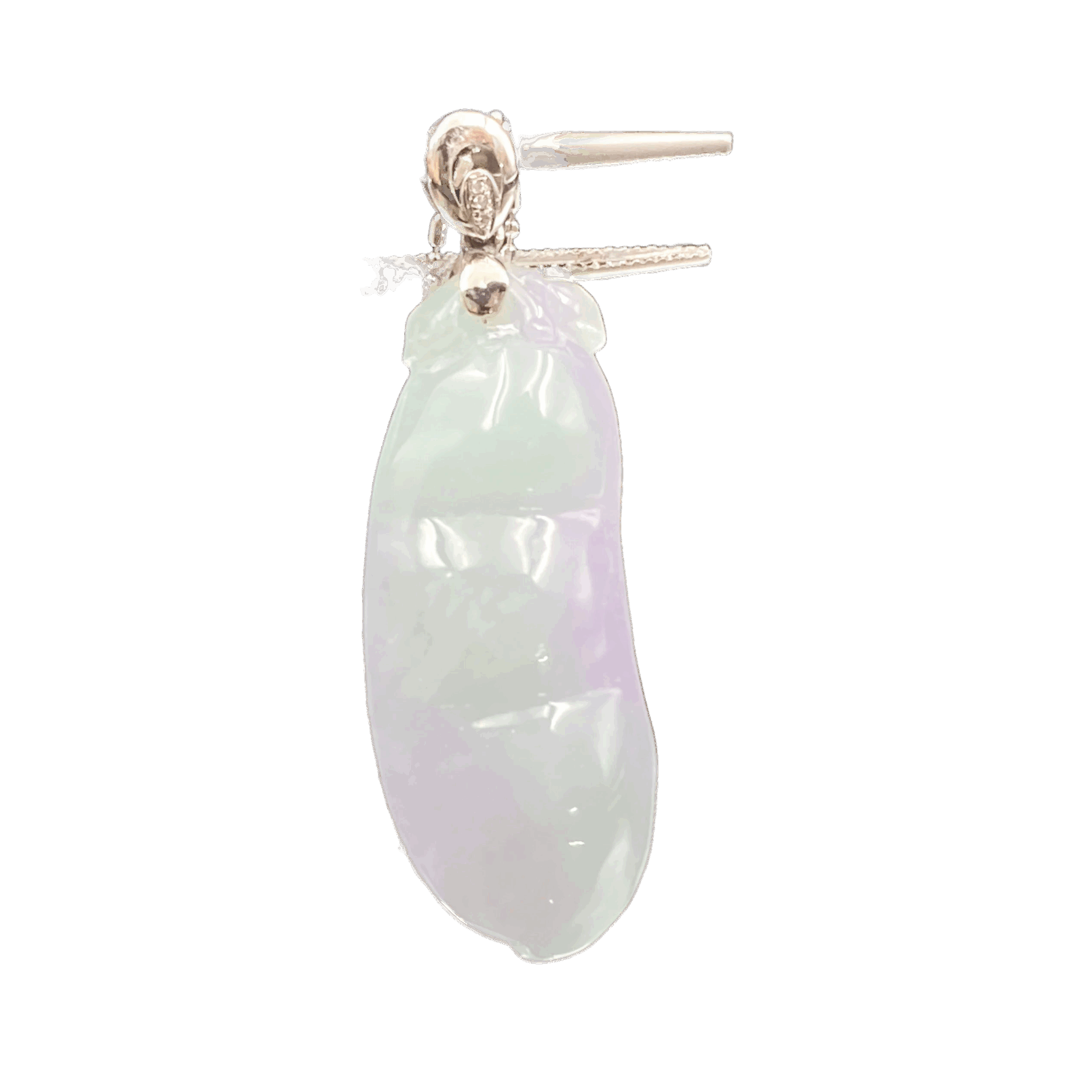 A stunning close-up of the Natural Spring-with-Color Jadeite Bean Pendant, showcasing its ice-type clarity, delicate purple-green hues, and intricate 18K white gold diamond clasp.