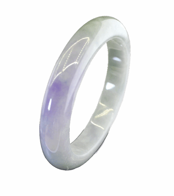 A stunning Natural Violet Jadeite Bracelet with a smooth, polished surface, showcasing a harmonious blend of violet and pale green hues. The round-shaped design fits comfortably on the wrist, radiating a warm, glassy luster.