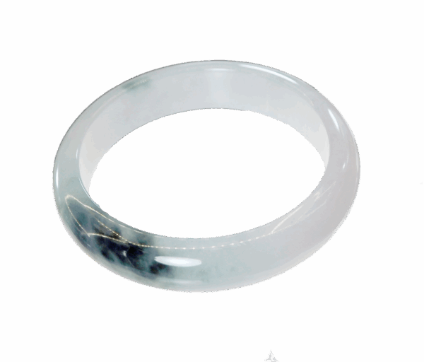 A stunning close-up of the Natural Ice-type Jadeite Bracelet, showcasing its translucent ice-like texture, floating green patterns, and subtle purple hues. The smooth round-bar design and polished edges highlight its refined craftsmanship.