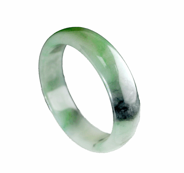 A stunning Natural Ice-Glutinous Jade Bracelet showcasing delicate floating flower patterns and black-spotted designs on a smooth, translucent jade base. The oval imperial concubine shape fits comfortably on the wrist, highlighting its elegant craftsmanship.