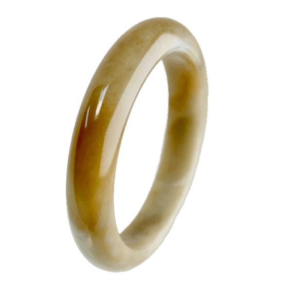 A radiant Natural Yellow Jadeite Bracelet with a smooth, polished surface, showcasing a gradient of warm amber tones. The elegant round-bar design rests gracefully on a wrist, reflecting light with a glassy luster.