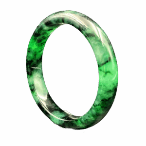 A close-up of a translucent icy jadeite bangle with vibrant green Huaqing patterns, resting on a silk cloth. The smooth polish and natural color transitions highlight its elegance and craftsmanship.